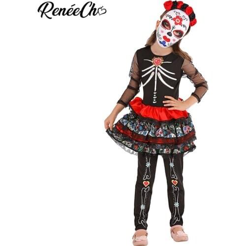 Reneecho Child Day Of The Dead Senorita Costume Girls Sugar Skull Princess Costume Halloween Costume For Kids Purim Carnival