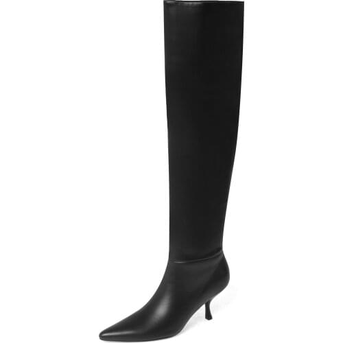 Kmeioo 2020 Fashion Concise High black boots Pointed toe thin heel Soft leather knight boots High quality womens boots