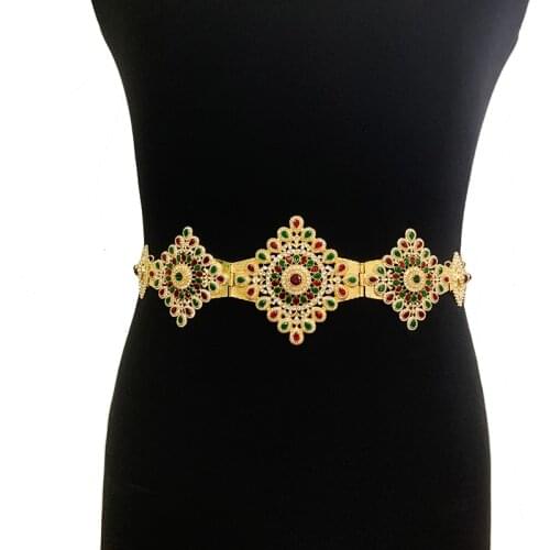 Moroccan Green Red Rhinestone Bridal Jewelry Belts Gold Plating Arabic Caftan Belt Crystal Middle East Wedding Jewelry