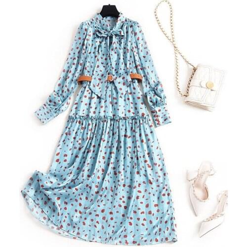 Europe Style Fashion Women Dress 2020 Spring New Designers Long Sleeve Bow Neck Print Aline Casual Chiffon Dress Female Vestidos