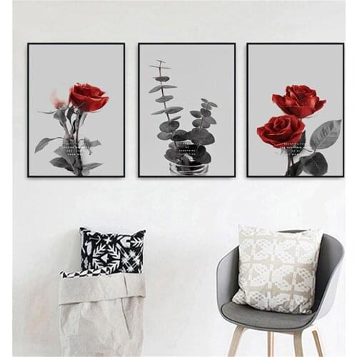 Retro Red Rose Flower Plants Eucalyptus leaves Canvas Painting Wall Nordic Posters and Prints Decor Wall Picture for Living Room