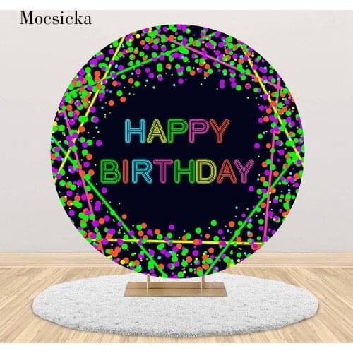 MOCSICKA Neon Glow Birthday Party Backdrop Confetti Dots Happy Birthday Background Decoration Round Circle Cover Photoshoot Prop