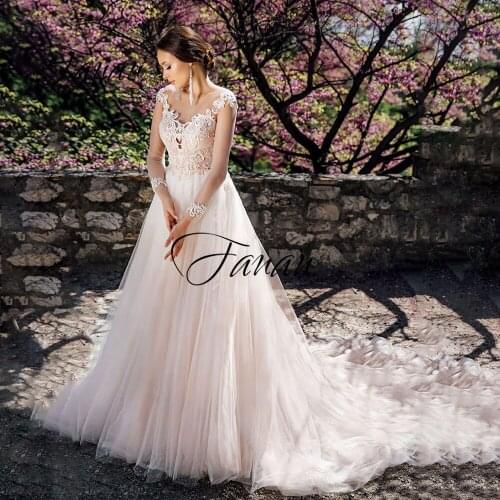 New O-Neck Long Sleeve Wedding Dress Backless A-Line Cour Train Lace Appliques Bridal Gown robe de soirée de mariage платье