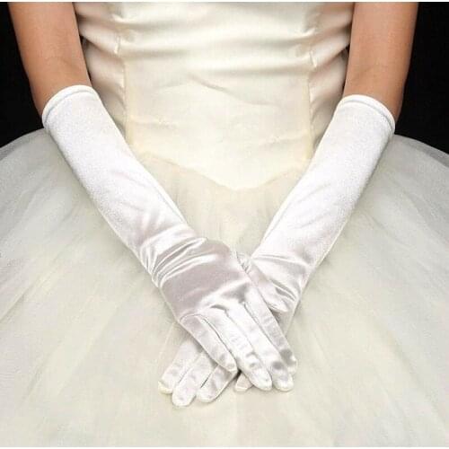 1 Pair Women Stretch Satin Gloves Ladies Elegant Vintage Evening Party Prom Christmas Halloween Black White Bridal Long Gloves