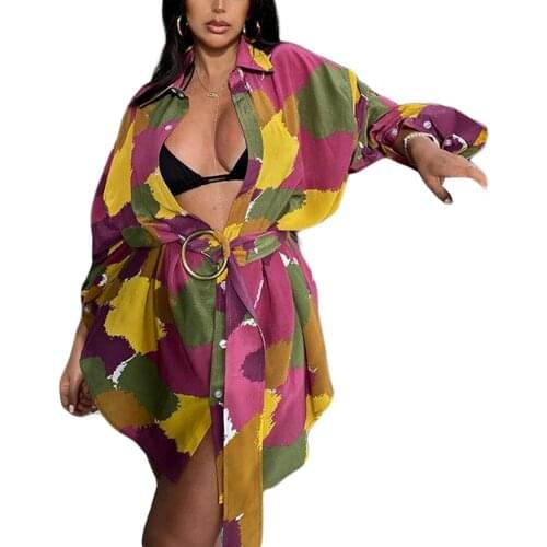 Female Shirt Dress, Summer Color-Block Turn-Down Collar Long Sleeve with Waist Belt for Adults S/M/L/XL