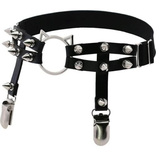 Punk Nail Rivet Garter Suspender No Stockings Leg Belts Cute Cat Kitty Fashion Thigh Belt
