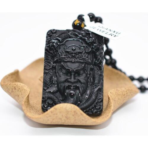 QIANXU Black Obsidian Guan Yuan Necklace Pendant Jade Pendant Jade Jewelry Fine Jewelry