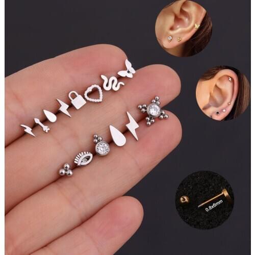 1PC 100% Stainless Steel Ear Small Piercing Stud Lightning Eye Snake Shape Cartilage Earrings Helix Tragus Rook Piercing Jewelry