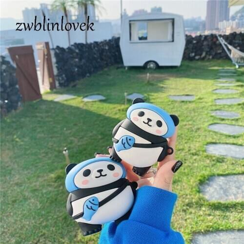 Cute Bluetooth Headset Wireless Backpack Fish Panda Box Cute Soft Silicone Case Cover Protective Skin Headphones for Airpods 1 2
