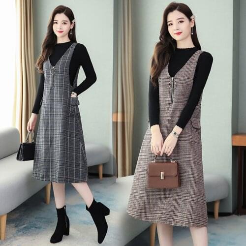 Sweater+Woolen Dress Winter Casual Two-piece Suit 2021 Plus Size Women Wool Vest Dress Sweater Plaid Bodycon Party Vestidos Sets