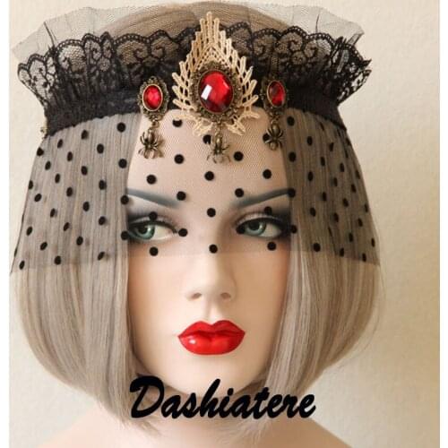 Baroque Crown Black Lace Tiara Spider Pendant Headband Red Gem Prom Retro Sexy Black Dots Veil Eye Mask Head Jewelry Accessories