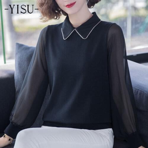 YISU Spring Women Sweater Lapel Spring tops Transparent long sleeves Female Jumper Solid color Casual Knitted pullover