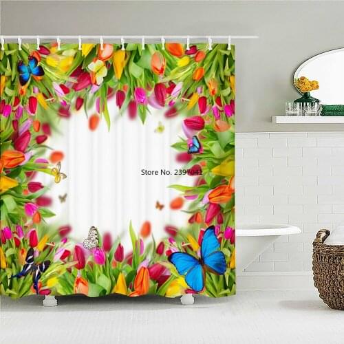 Colorful Tulip Butterfly Flowers Shower Curtain Bathroom Curtains Floral Waterproof Polyeste Fabric Bathtub Decor Large 300X180