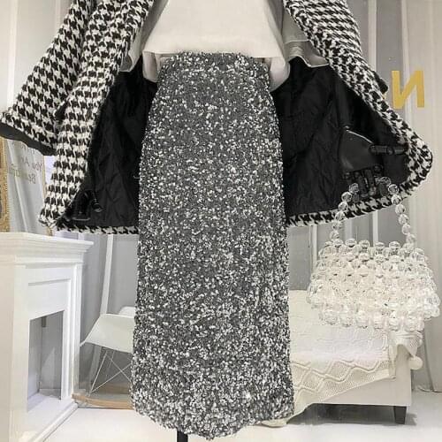 2021 New Arrival Autumn Winter Women Silver Sequined High Waist Hip Midi Skirt Female Elegant Shiny Zipper Pencil Long Skirt O93