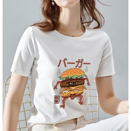 Summer Womens T-shirt Casual Japanese Cartoon Burger Monster Print Short Sleeve Ladies Commuter Round Neck Polyester Top Shirt