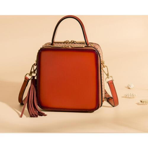 Womens luxury handbag brand leather High-end quality Real leather bag for women vintage square Rivet handbags