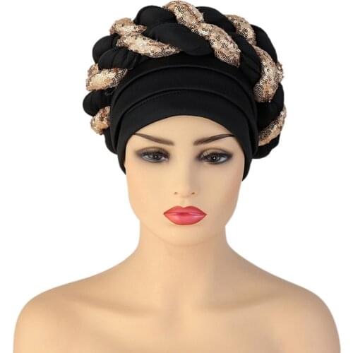 HanXi Shinning African Sequins Turban Hat Women Muslim Cap Auto Geles Aso Oke Headtie Party Fashion Headwear