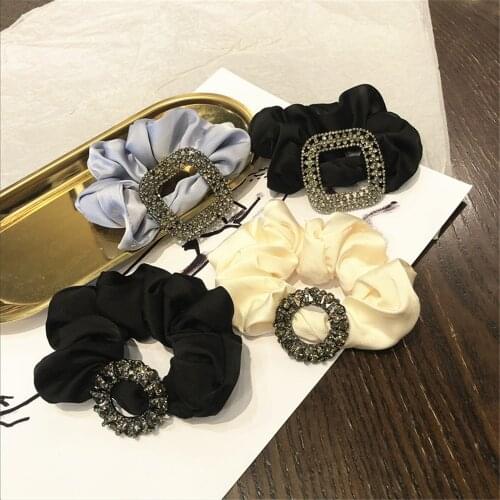 Women Scrunchies Elastic Hair Ties Bands Adult Solid Fabric Zircon Flower Fashion Girl Korean Mujer Accessories Hyuna Wholesale