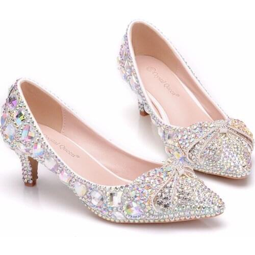 Crysta lqueen Shoes Cinderella Women Heels For Evening Party Glittering Round Toe Custom Color Rhinestone Bow Wedding Pumps