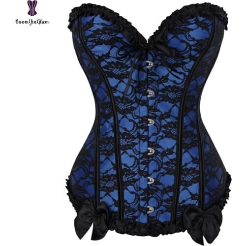 Overbust Corset Top Red Blue Women Lace up Boned Waist Bustier Basques Burlesque Shaper Corselet