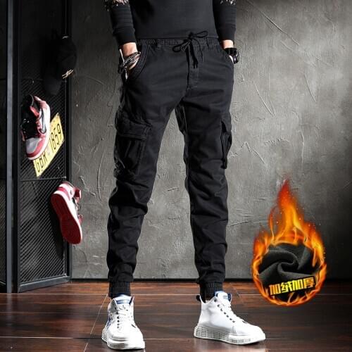 Fashion Winter Black Cargo Pants Men Many Pockets Casual Fleece Warm Slim Trousers