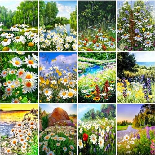 5D Full Round Square Drill Diamond Painting Flowers Picture Rhinestones Beads Embroidery Daisy Landscape Diamond Mosaic Wall Art