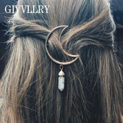 Free Shipping Vintage New Moon Metal Hair Pins Gift Jewelry Elegant Hexagon Prism Stone Charms Hair Clip Accessories for Women