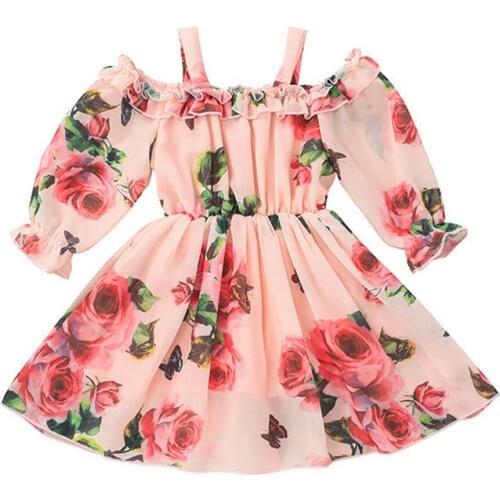 Party Chiffon Girls Dresses Kids Summer Spaghetti Strap Princess Dress Ruffle Flower Print Children Clothes Girl Casual Sundress