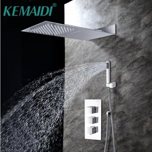 KEMAIDI Bathroom Shower With Handle Rainfall Shower Head Chrome Finished Waterfall Shower Faucet Set Wall Mounted Square Style