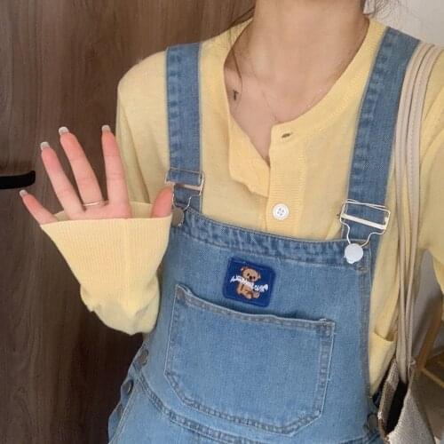 Cute Bear Embroidered Denim Overalls Women Korean Style Loose Jeans Jumpsuits Female 2021 New Denim Wide Leg Pants
