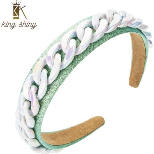 King Shiny Temperament Plastic Chain Headband for Woman Elegant Candy Color Fabric Wide-brimmed Hairband Girls Party Tiara Bezel
