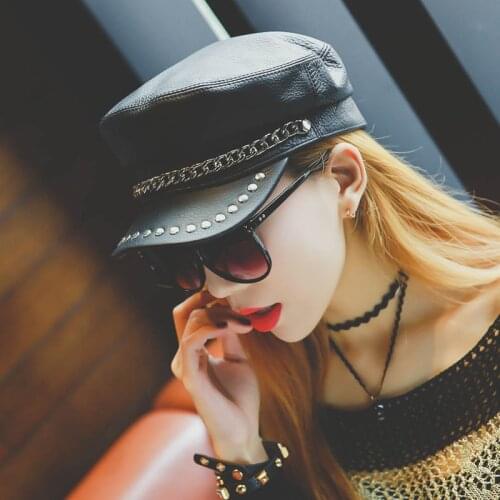 Cowhide Chain Female Navy Cap Rivet Punk Style Fashion Men Flat Top Hat After Adjustment Leather