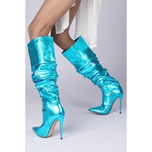 Laser Blue Bright Leather Pleated Boots Sexy Pointed Toe Runway Party Shoes Thin High Heel Slouchy Long Winter Boots