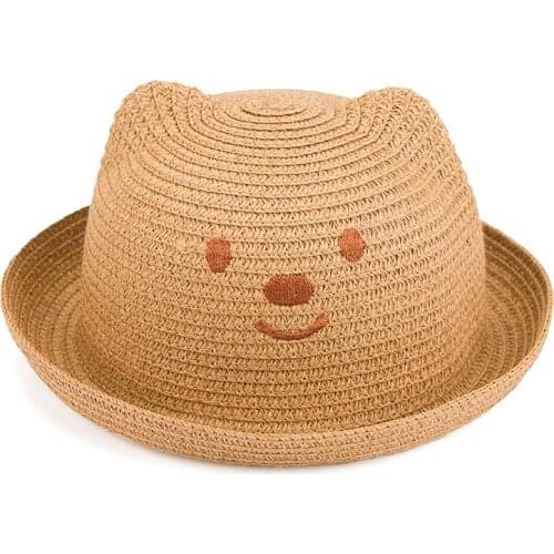 HanXi Summer Children Straw Sun Hats Cute Bear Ear Cap for Kid 51cm Head Circumference Beach Hat Boys Girls Hats