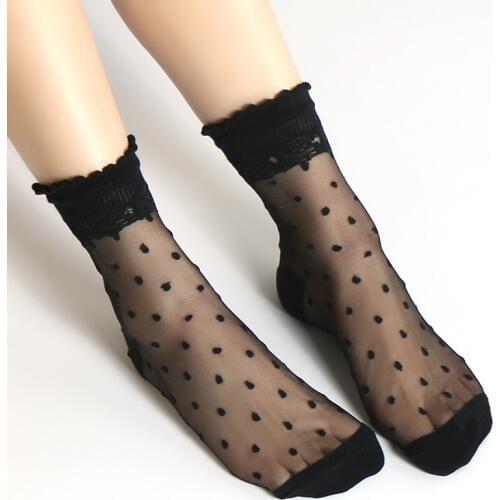 DONG AI 6 Color Summer Women Lace Socks Crystal Silk Polka Dot Ankle Socks Glass Black White Transparent Sock for Ladies