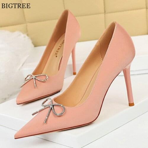 Bigtree Red Wedding Shoes Women Pumps Metal Belt Buckle Shallow Sexy Party Shoes Pointed Toe High Heels Suede Lady Shoes Plus 43