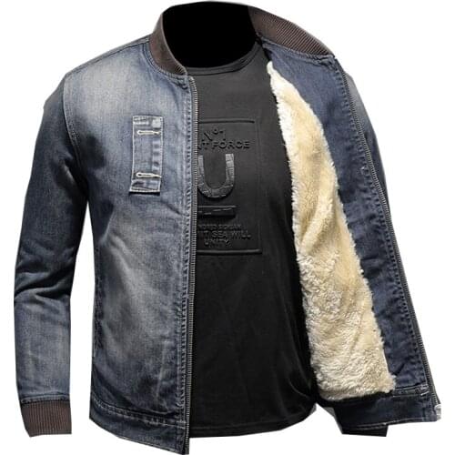 Mens Warm Thick Denim Jacket Fashion Baseball Uniform Coat Polar Fleece Lining Denim
