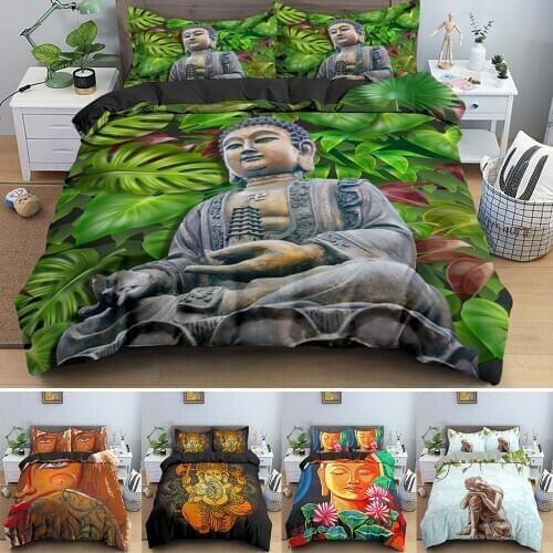 Green Leaf Sitting Buddha King Bedding Set Psychedelic Mandala Duvet Cover Single Queen Size With PIllowcase 2/3pcs