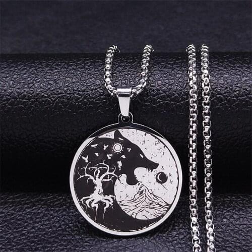 Stainless Steel Yin Yang Gossip Wolf Necklaces Men Silver Color Tree of Life Necklaces Chain Jewelry collier homme XH301S03