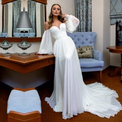 Beach Boho Wedding Dress Off the Shoulder Long Puffy Sleeves Chiffon White Ivory Elegant Bridal Dress robes de mariée sirène New