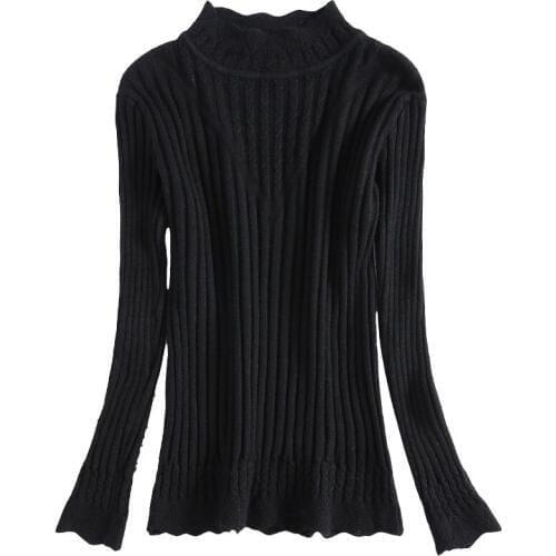 Plush sweater for women in autumn and winter new corrugated half high collar knitting bottoming shirt with thickened lotus leaf