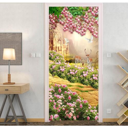 Self-Adhesive Wallpaper 3D Tulip Flowers Forest Landscape Animal Door Sticker Living Room Bedroom Waterproof Door Decal Stickers