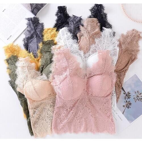 Sexy Lace Wide Straps Camisole Comfy Solid Color Wire Free Vest Female Underwear With Chest Pad