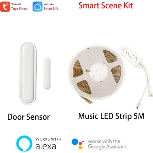 Tuya Smart WiFi Door Sensor Alexa Google Linkage Scenario with 5M RGB+IC Symphony Music Led Stips Tuya Smart Home Kit