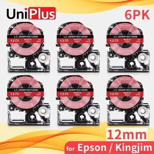 UniPlus 6PK 12mm Labeling Tape White on Red Adhesive Ribbon Fit Epson Printer Tape Label Cassette SD12RW for Kingjim SR55 SR220