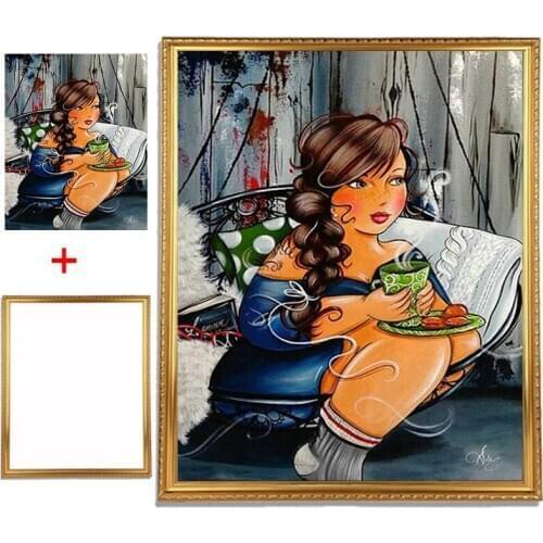 Framed 5D Diy Daimond Painting Cross Stitch "Obese woman" 3D Diamond Diamant Full Round Rhinestones Painting Diamond Embroidery