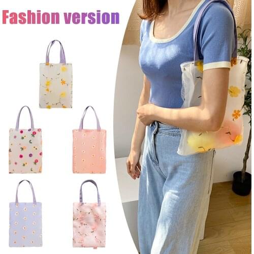 Women Small Transparent Tote Mesh Cloth Bag Daisy Embroidery Handbag Cute Flower Tulle Fruit Bag Purse Shopping Bag