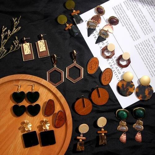Flatfoosie Vintage Wooden Drop Earrings For Women Girls Geometric Ethnic Handmade Dangle Statement Earrings 2020 Fashion Jewelry
