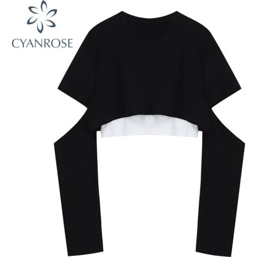 Women Casual Street Crop Tops Tee White Camisole+Black O Neck Pullover Long Sleeve Split T Shirt Outfits Female 2021 Spring Sets