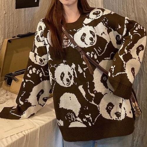 Harajuku WomenS Sweater Pullover Y2K Japanese Cartoon Comic Style Printing Red Panda Loose Plus Size Casual Knitted Pullover